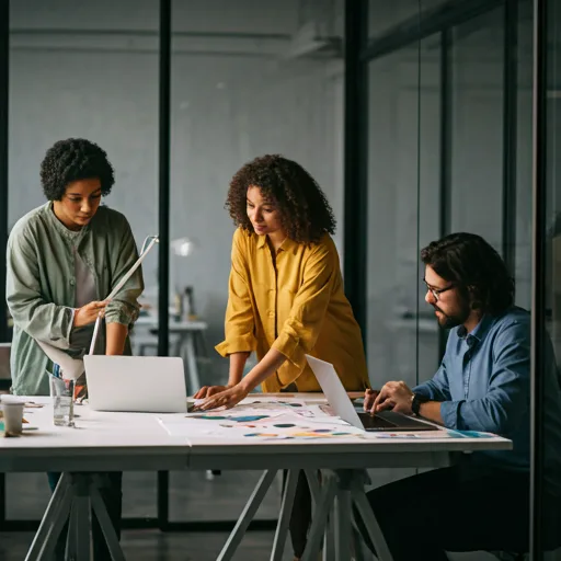 Diverse creative team collaborating in a bright modern office with glass walls and professional design equipment