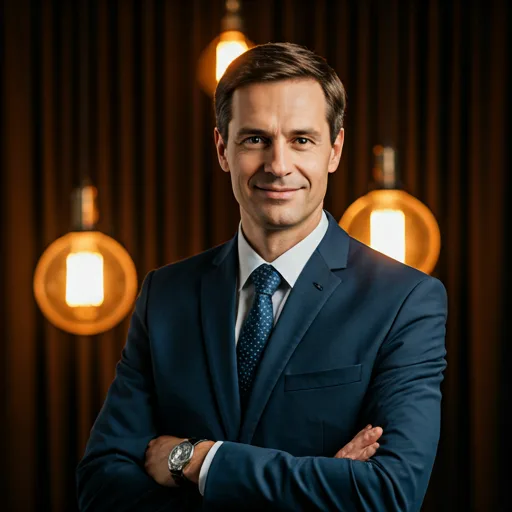 Portrait of a male CEO in a professional business setting with warm lighting